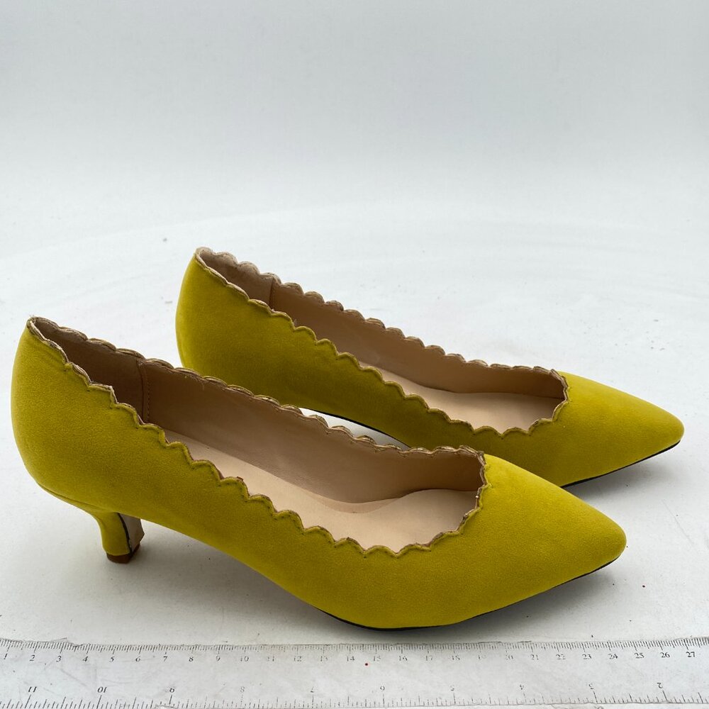 FSJ Light Yellow Kitten Heels Pointy Closed Toe Pumps Slip On Office Dress Shoe